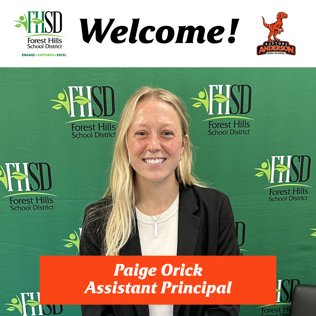 Paige orick headshot with name, title and overhead graphic with FHSD and Raptors logos